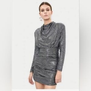 Bershka Womens Special Edition Sequin Black Silver Dress Long Sleeve Stretch S
